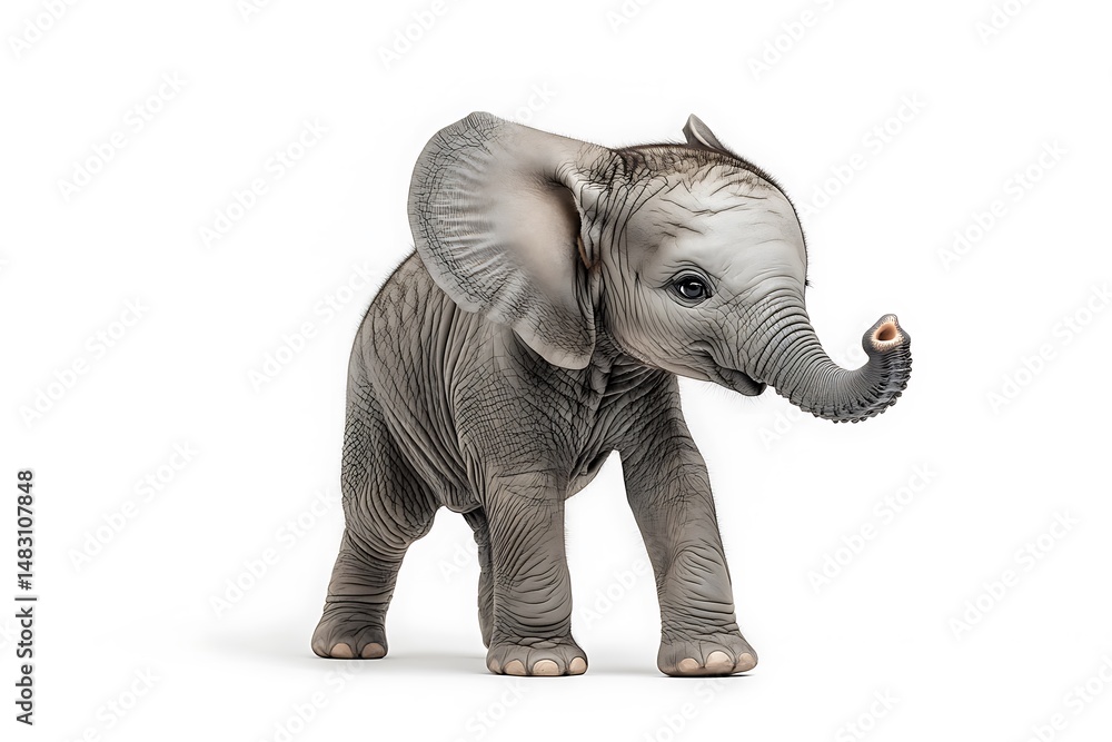 Obraz premium A small elephant calf standing on a white background looking towards the right side of the frame