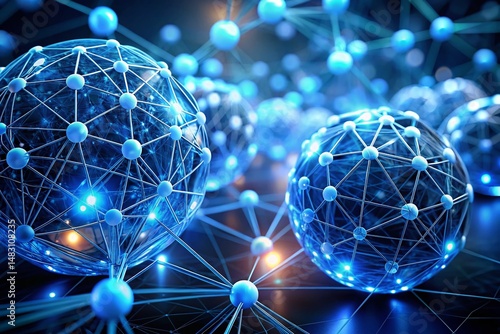 Abstract 3D Render: Blue Sphere Network with Bokeh, Futuristic Technology Background