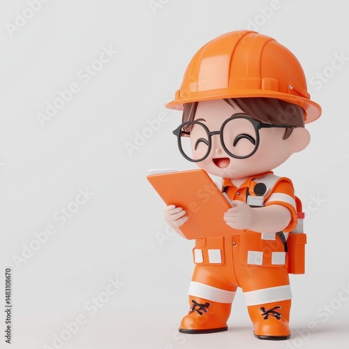 A cute cartoon construction worker in orange safety gear and glasses is happily reading a clipboard.