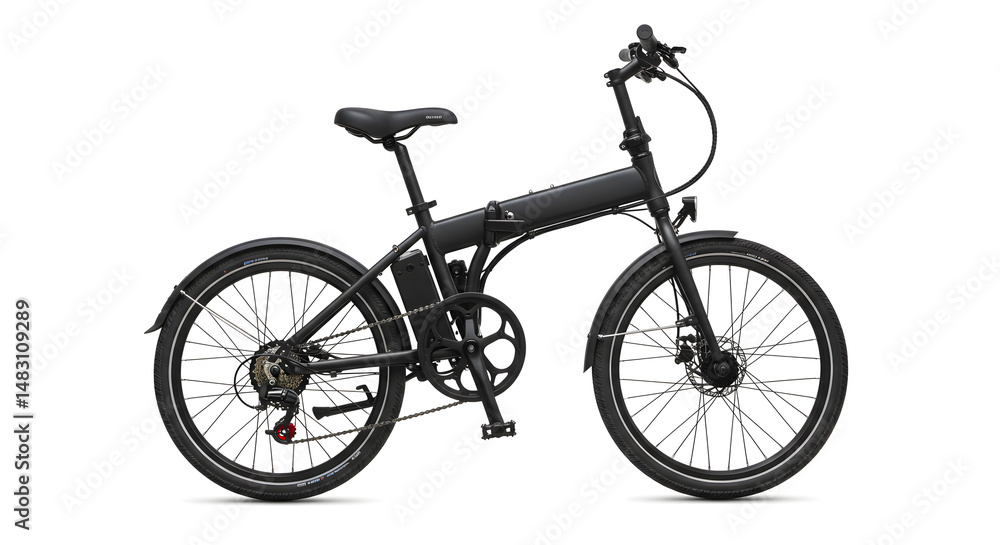 Obraz premium Black Folding Bicycle with Knobby Tires and Black Saddle Isolated on White Background Offering Portability and Modern Appeal