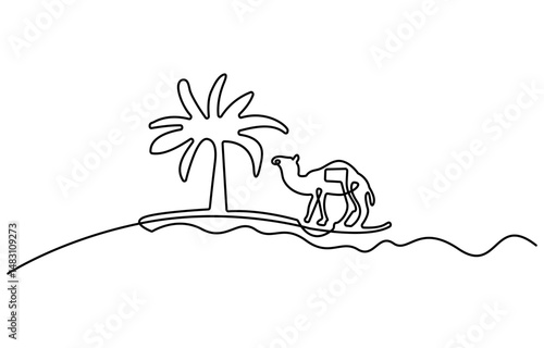 Continuous line drawing of camel. Single line illustration of arabian camel. Dessert animal, dromedary vector outline. Editable outline