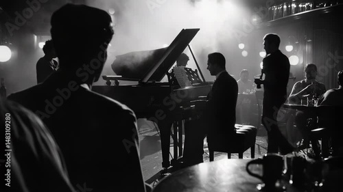 A captivating black-and-white scene of a jazz pianist performing in an atmospheric club setting, evoking nostalgia.