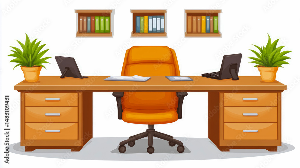 Fototapeta premium Interior Setup: Professional workspace showing a desk, chair, bookshelves, electronic gadgets, and potted plants