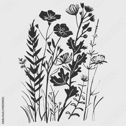 Wild flowers linocut vector illustration with grunge texture. Monochrome linear woodcut illustration.
