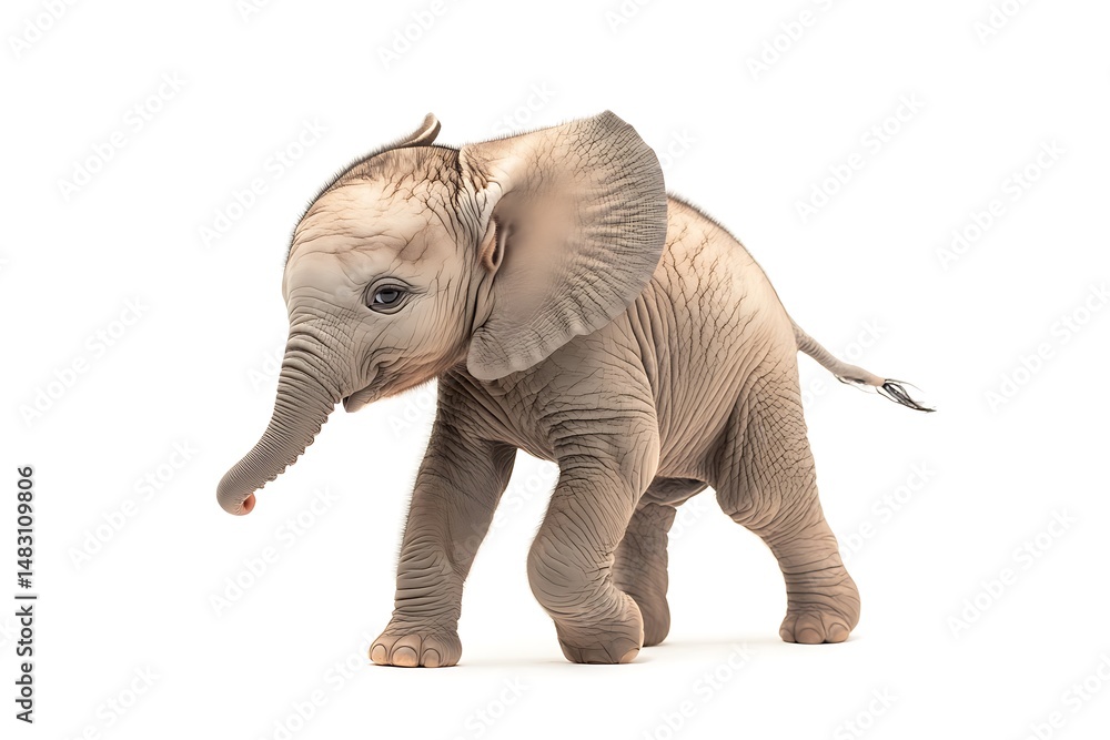 Obraz premium A small elephant calf walking on a white background with its trunk slightly raised in the air