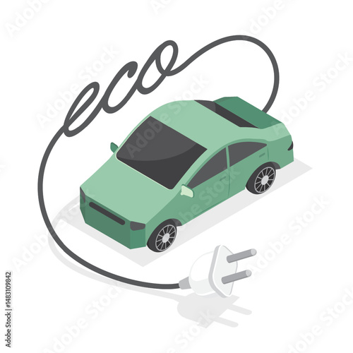 Green eco car in isometric projection. Environment protection transport vector logo