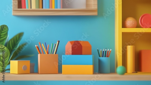 Wallpaper Mural A mockup of a branded kindergarten supply packaging box, placed on a shelf Torontodigital.ca