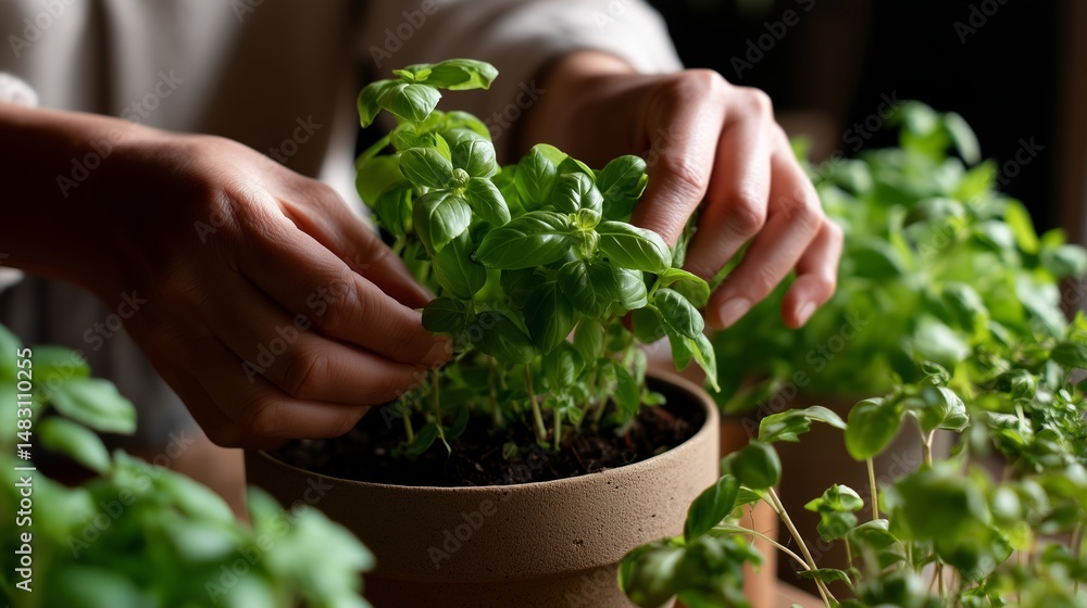 Gardening enthusiast carefully tends to basil plants in a cozy indoor setting during the afternoon