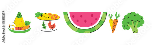 A vibrant and playful illustration featuring a variety of healthy foods, including rice, watermelon, carrots, and broccoli, designed in a cheerful cartoon style.