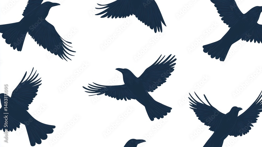 Obraz premium A seamless pattern of dark-blue birds in flight against a white background. The birds are stylized silhouettes, shown from various angles