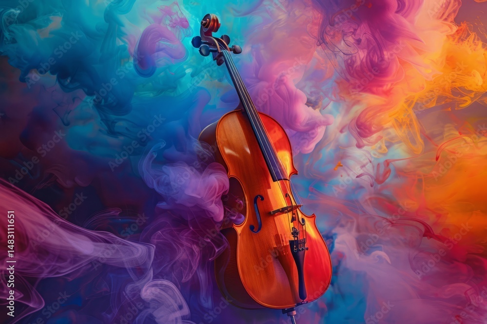 Fototapeta premium Vibrant Violin with Colorful Smoke Background in Abstract Style