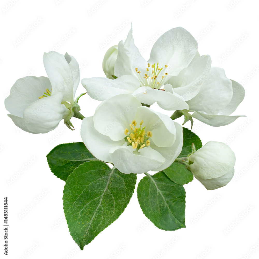 Obraz premium Close-up of white apple tree inflorescence with green leaves. Isolation on transparent background.