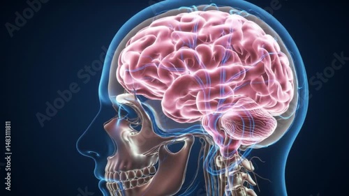 Anatomical 3d animation of the human brain showing pain. Transparent head and neck made of glass, rotating, on a blue background. The animation is smooth, scientific, and educational.