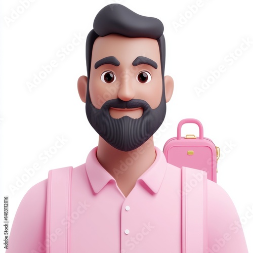 A smiling bearded man in a pink shirt with a pink backpack and suitcase, illustrated in a modern cartoon style.