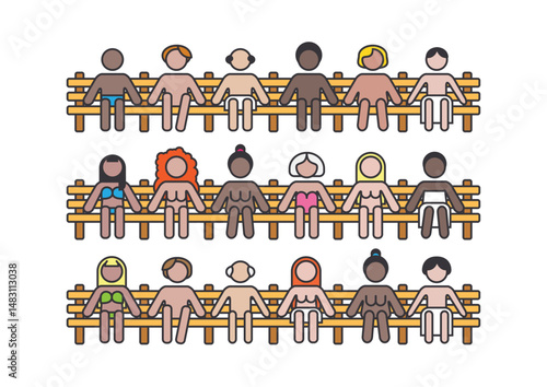Icon set of sauna users with assorter ethnicities and ages