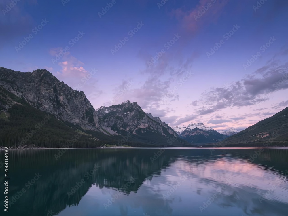 Fototapeta premium A calm lake reflecting mountain peaks under a twilight sky, Ai Generate.