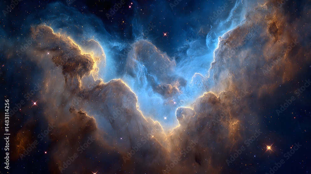 Fototapeta premium Majestic Cosmic Nebula Vibrant Blue and Gold Hues Celestial Cloudscape Starry Night Sky Astronomy Space Exploration