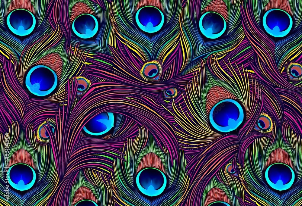 Obraz premium Vibrant peacock feather vector pattern, seamless repeat for textile, web, wallpaper, majestic, paisley