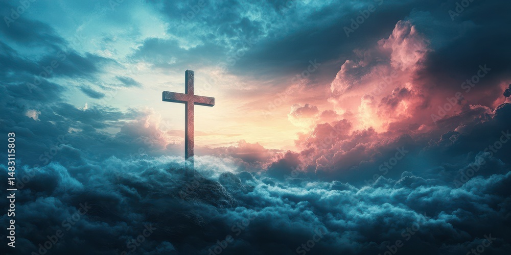 Fototapeta premium Dramatic clouds and a silhouette of a cross during sunset create a spiritual atmosphere