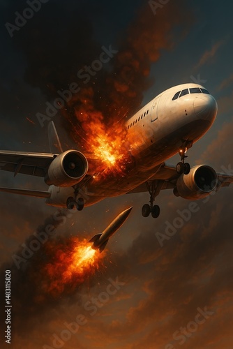 Passenger jet struck by a missile with engines ablaze—dramatic aviation disaster concept showing attack, conflict and mid-air emergency. War risk, security and crisis theme.