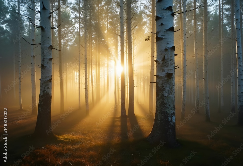 Fototapeta premium Sunlight Filters Through Foggy Birch Forest