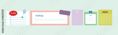 Collection of various stationery paper notes for planning and organizing tasks. These designs are perfect for digital journaling, scrapbooking, and memo making.