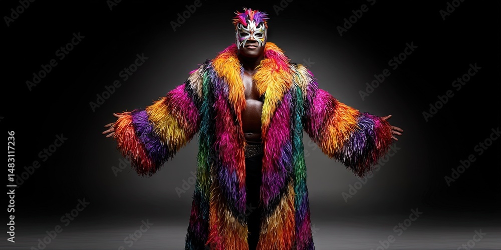 Fototapeta premium black professional wrestler with colorful feathered robe 