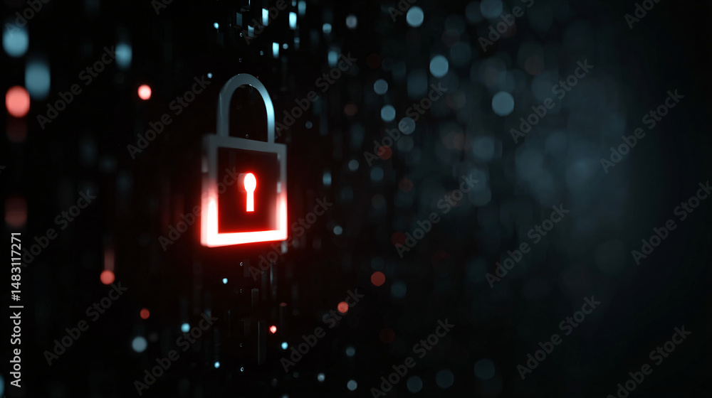 Cybersecurity Concept with Glowing Red Lock Icon Cybersecurity Concept with Glowing Red Lock Icon