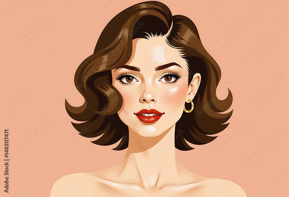 Vibrant brunette with bold lipstick against a soft peach background Vibrant brunette with bold lipstick against a soft peach background