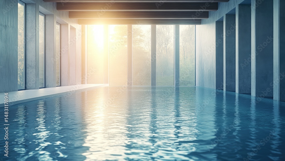 Fototapeta premium Modern indoor pool bathed in natural light. Tranquil, minimalist space with large windows overlooking a serene landscape