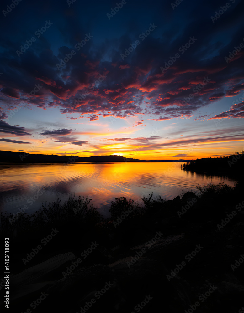 Golden sunset hues reflecting on the tranquil lake waters, dramatic. with white shades Golden sunset hues reflecting on the tranquil lake waters, dramatic. with white shades