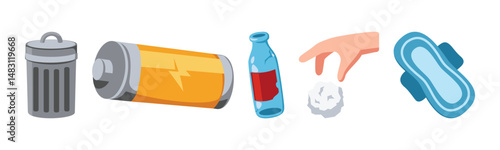An illustration drawing featuring a waste bin, battery, glass bottle, hand holding paper, and a sanitary pad against a white background.
