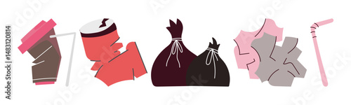 An illustration featuring various types of waste, emphasizing the importance of responsible waste disposal and environmental awareness. Perfect for promoting sustainable habits.