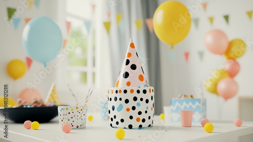 A realistic birthday party balloon weight molder mockup with a branded design, placed on a table
