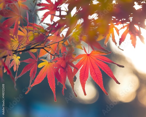 Vibrant autumn maple leaves glowing in sunlight against soft bokeh background