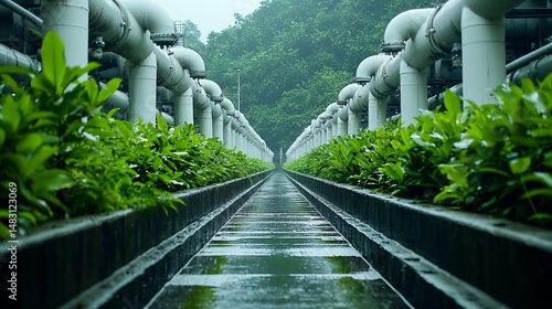 foggy morning scene of a gas pipeline junction, industrial structures partially obscured by mist, green foliage peeking through gaps, moist concrete surfaces, tranquil ambiance, no vehicles
