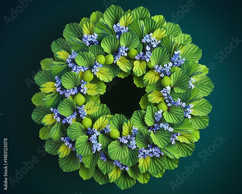 Artistic circular wreath of green leaves small blue flowers and decorative limes on teal background