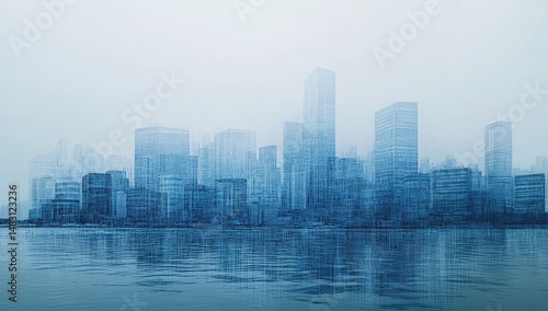 Misty city skyline reflected in tranquil water.  A hazy, muted blue cityscape stretches along a calm waterfront