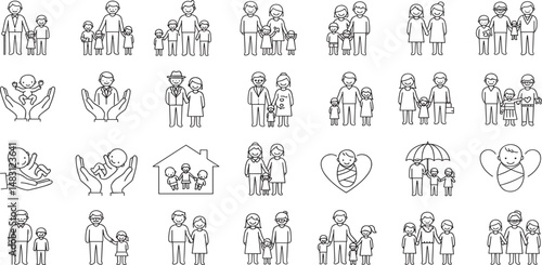 Family Line Editable Icons set. Vector illustration in thin line modern style of parenthood related icons: parents, grandparents, children, adoption, and more.