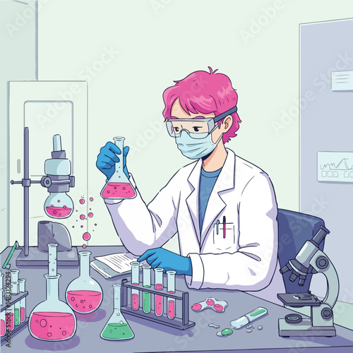 Young Female Scientist in Lab Coat Conducting Experiments with Test Tubes and Flasks