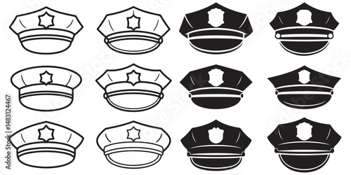 Police Officer Hat Icons, Police Officer Head Silhouettes in Uniform Caps, Outline Illustrations of Police Officer Hats