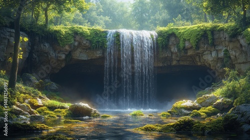 Sunlit waterfall cascading into a mossy cave, lush green forest.