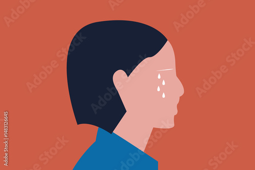 Sad woman is crying. Side view of weeping woman emotions grief
