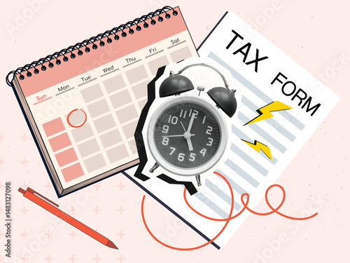 Tax form, calendar, pen and ringing alarm clock with lightnings. Modern photo collage style. Vector illustration