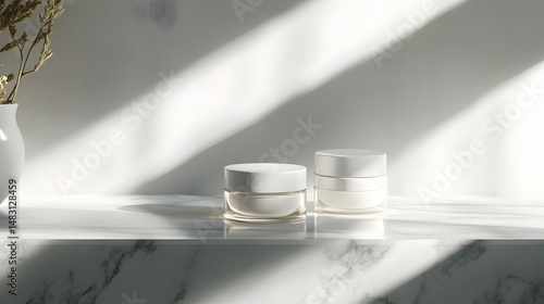 3D render showcases silver cosmetic jars on a marble surface illuminated by strong, directional sunlight.