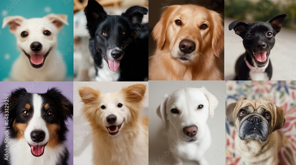 Various breeds of happy dogs smiling in close-up portraits captured indoors