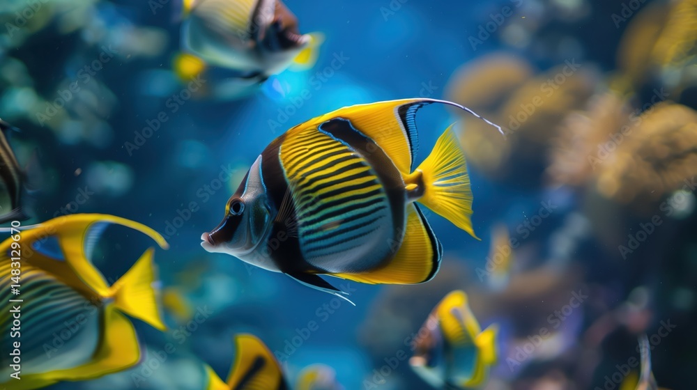 Fototapeta premium Colorful Threadfin Butterflyfish gliding gracefully through vibrant blue waters, surrounded by a stunning coral reef teeming with life