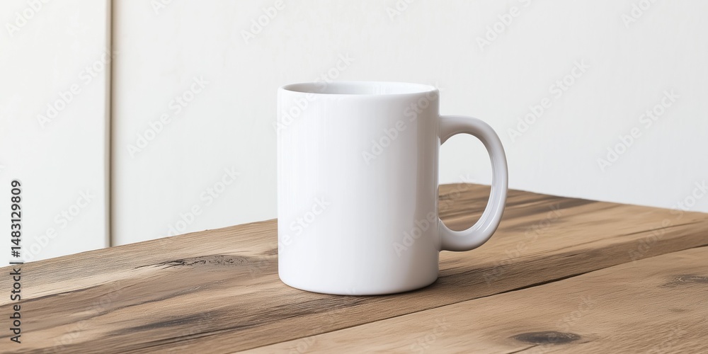 A white coffee mug sits on a wooden table. The mug is empty and has a clean, minimalist design. The table is made of wood and has a natural, rustic feel. Concept of calm and simplicity A white coffee mug sits on a wooden table. The mug is empty and has a clean, minimalist design. The table is made of wood and has a natural, rustic feel. Concept of calm and simplicity