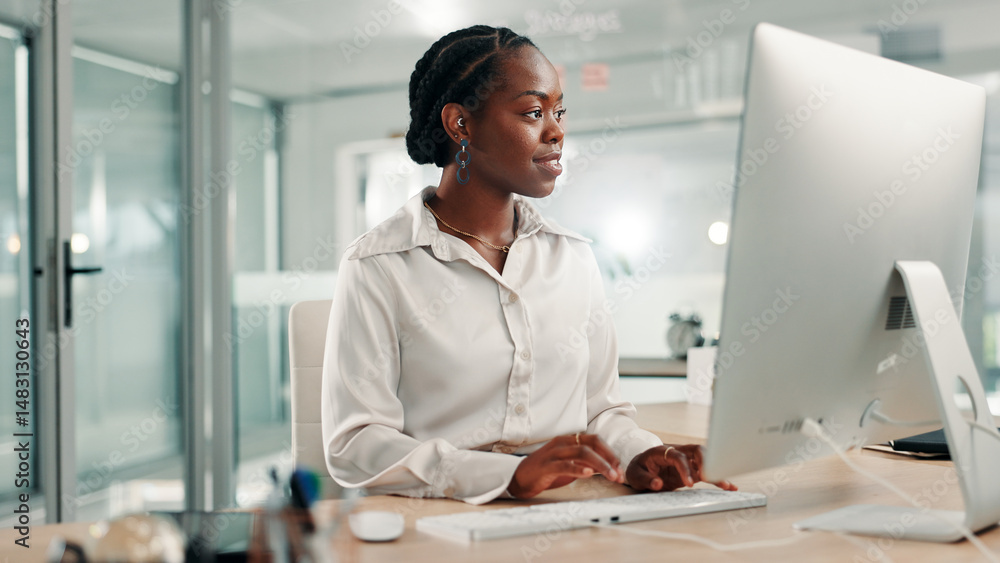 custom made wallpaper toronto digitalResearch, business or black woman on computer for online project, review or economy website. Auditor, financial consultant and accountant typing on PC in office for planning budget, report or taxes