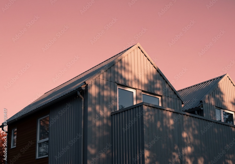 夕焼け染まる金属屋根の家並 木漏れ日優しく静寂な住宅街 夕焼け染まる金属屋根の家並 木漏れ日優しく静寂な住宅街